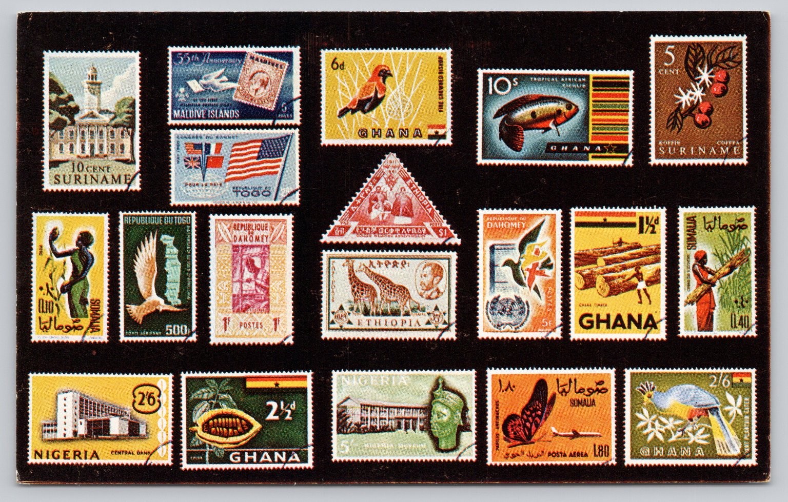 Vintage Stamp Show Postcard Featuring Global Stamp Collection by Bebell & Bebell