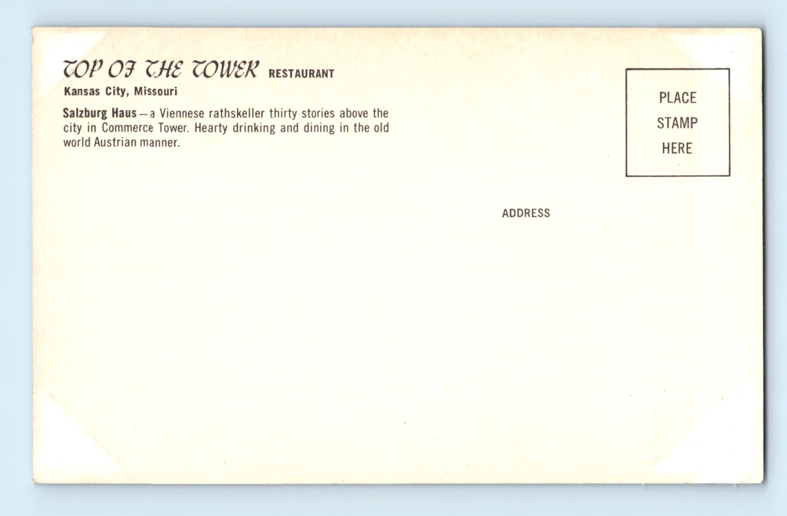 Kansas City Missouri Top of the Tower Restaurant Salzburg Haus Postcard C6