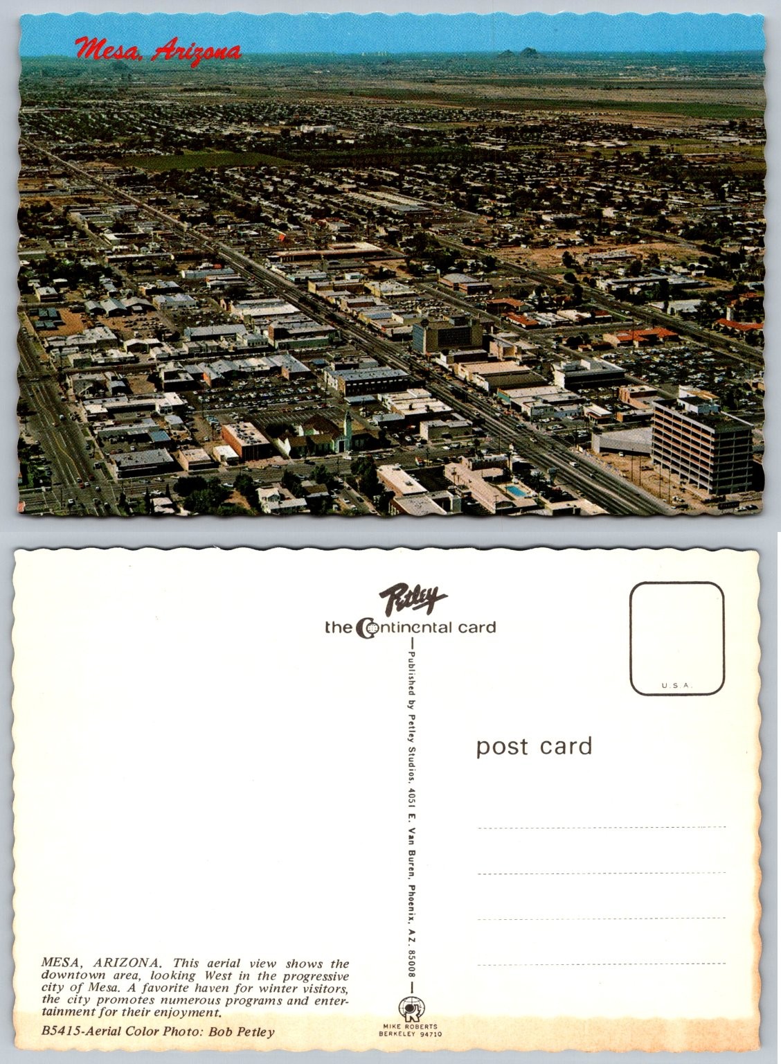 Mesa Arizona Aerial View Postcard Petley Studios Bob Petley Chrome Continental