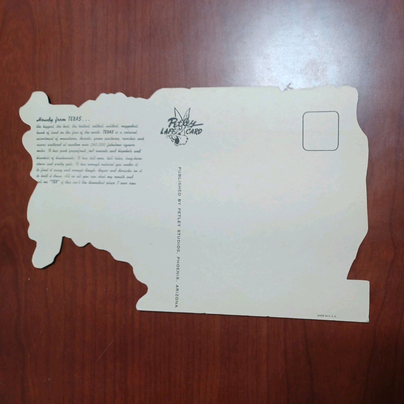 Vintage Petley Studios Die Cut Map of Texas postcard – 5.5 x 8″ Not posted