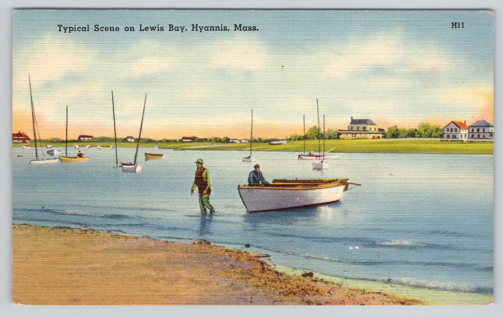 Hyannis MA Postcard Scene on Lewis Bay Beach Boats Massachusetts 1944 Posted