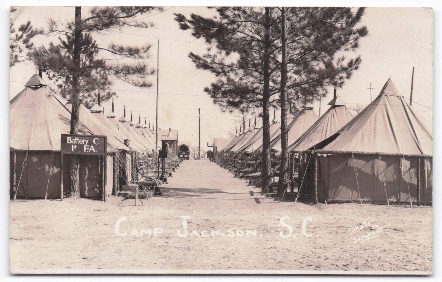 VTG 1940 RPPC Camp Jackson SC Military Tent Row Battery C 1st FA Army Postcard