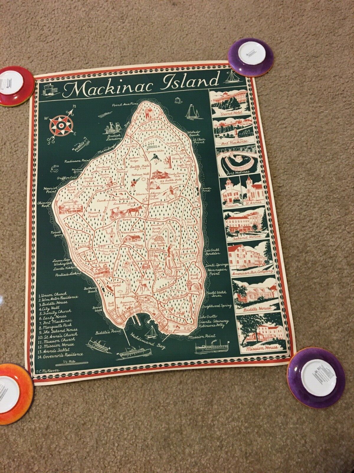 Clarice McKeever Mackinac Island Original Art Map, mid 20th century