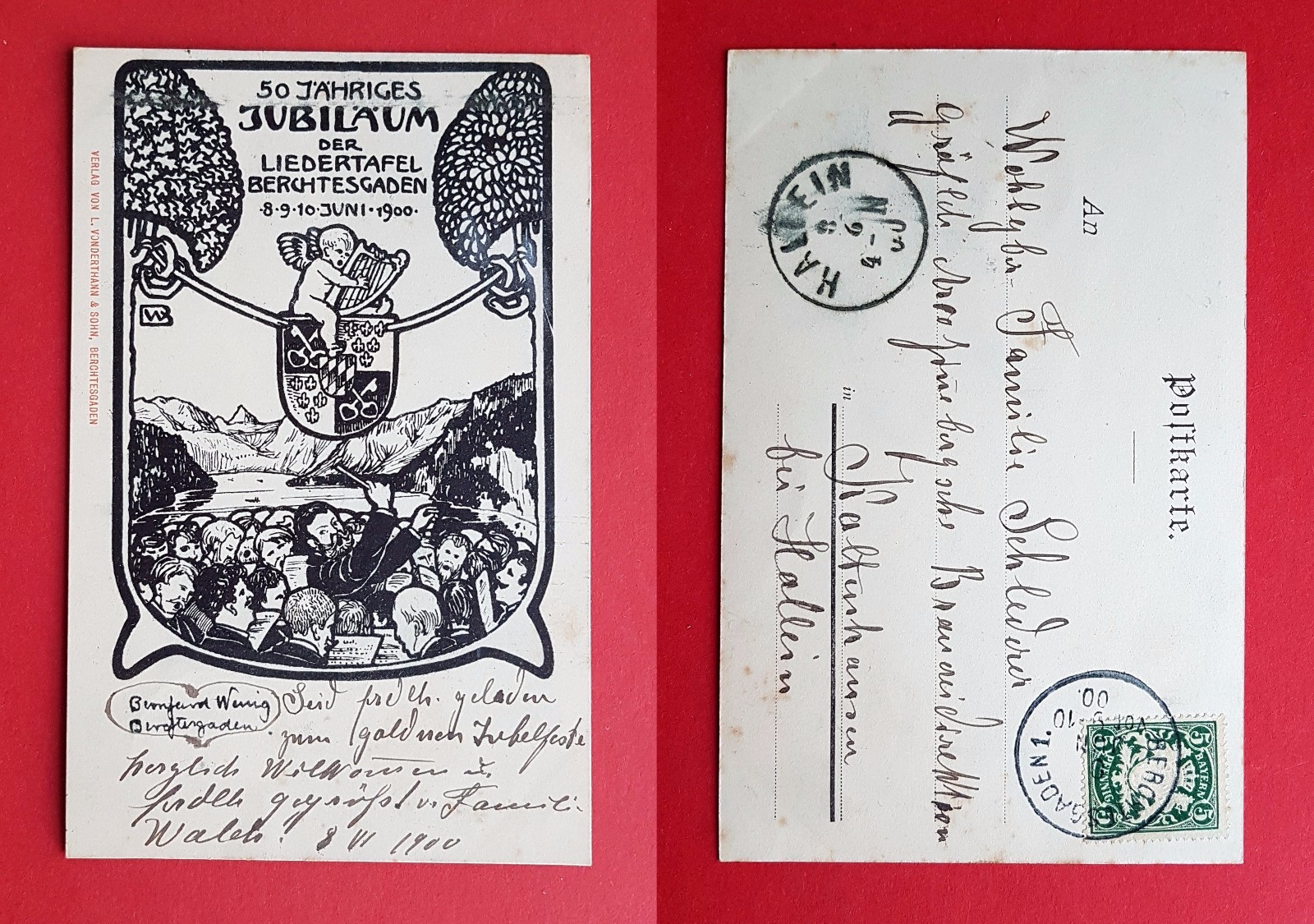Occasion postcard Berchtesgaden 1900 50th anniversary. Jubilee Song Board (20922