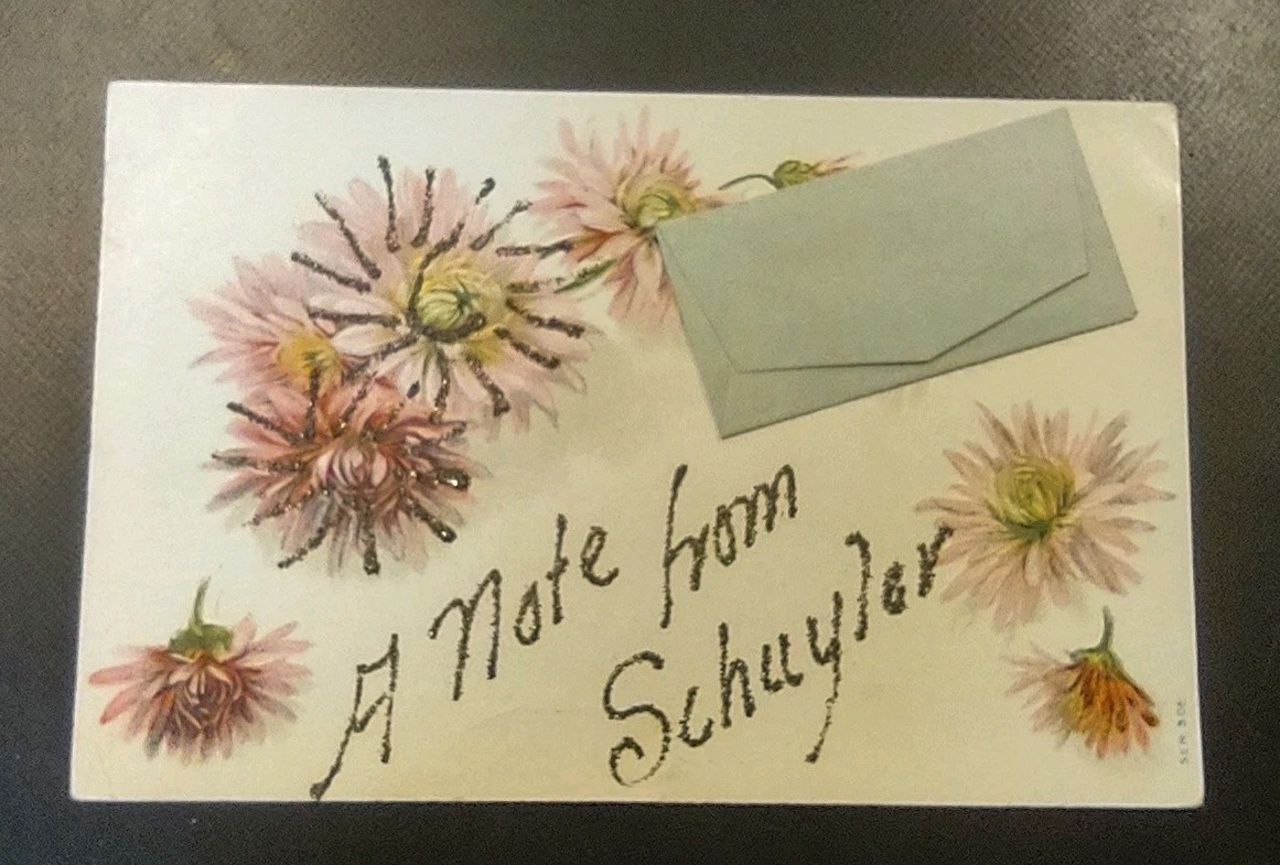 1910s Note From Schuyler Envelope W/ Note Glitter Novelty Postcard Virginia VA