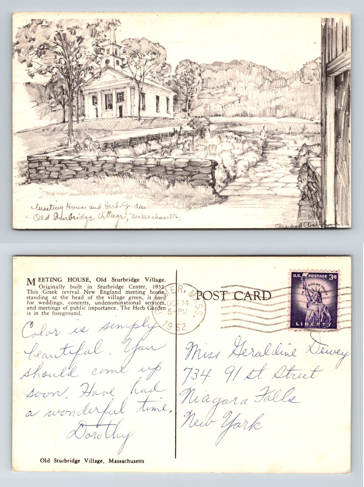 Meeting House Old Sturbridge Village MA Overly Postcard 1962 Geraldine Dewey