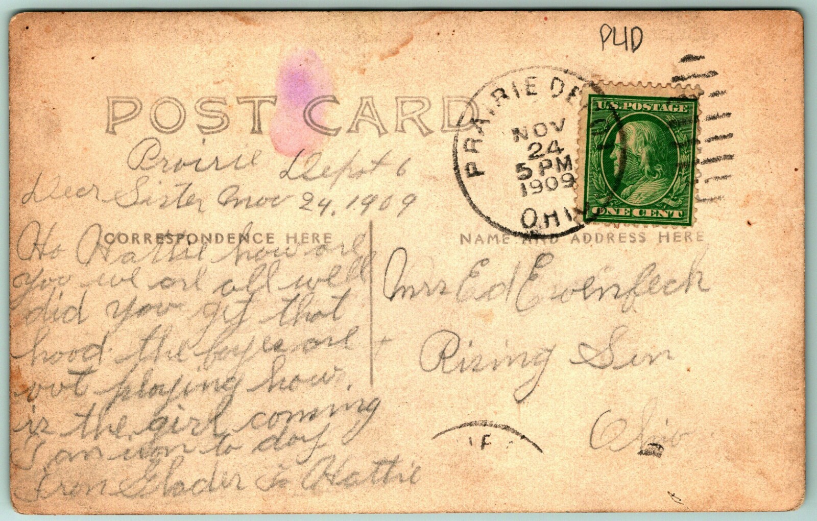 RPPC Main Street View Bennett Grocery Prairie Depot Ohio OH 1909 Postcard E13