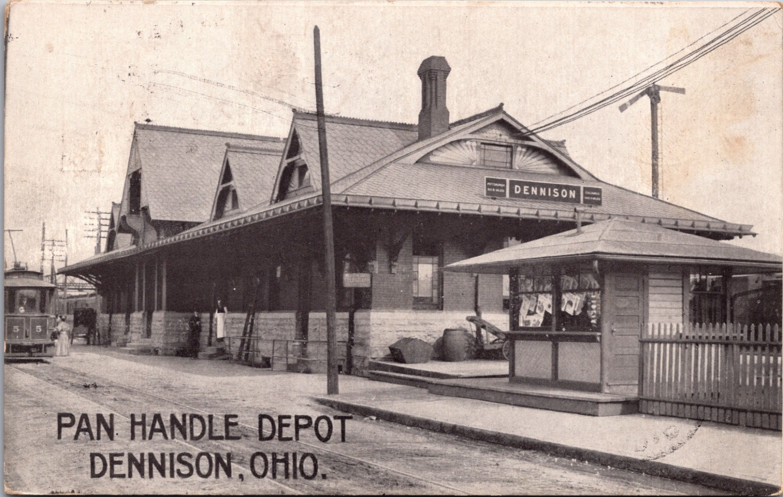 Pan Handle Depot Dennison Ohio Railroad Station Trolley 1908 Postcard