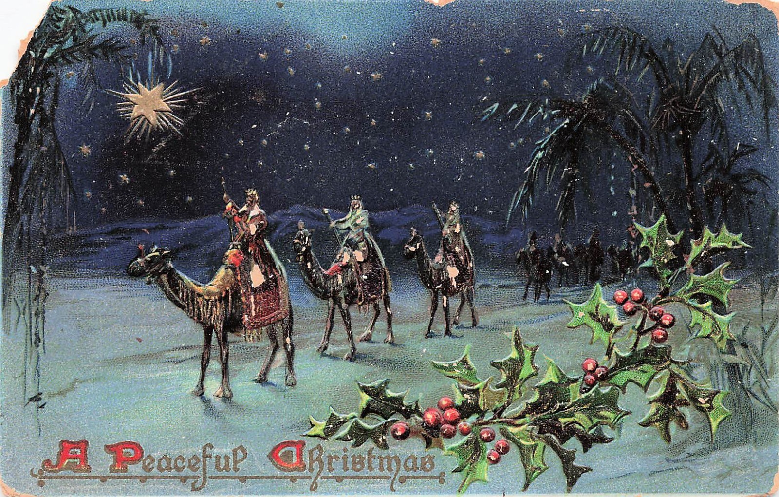 Religious Christmas Card Wise Men Star Nativity Scene Holly Vtg Postcard I65