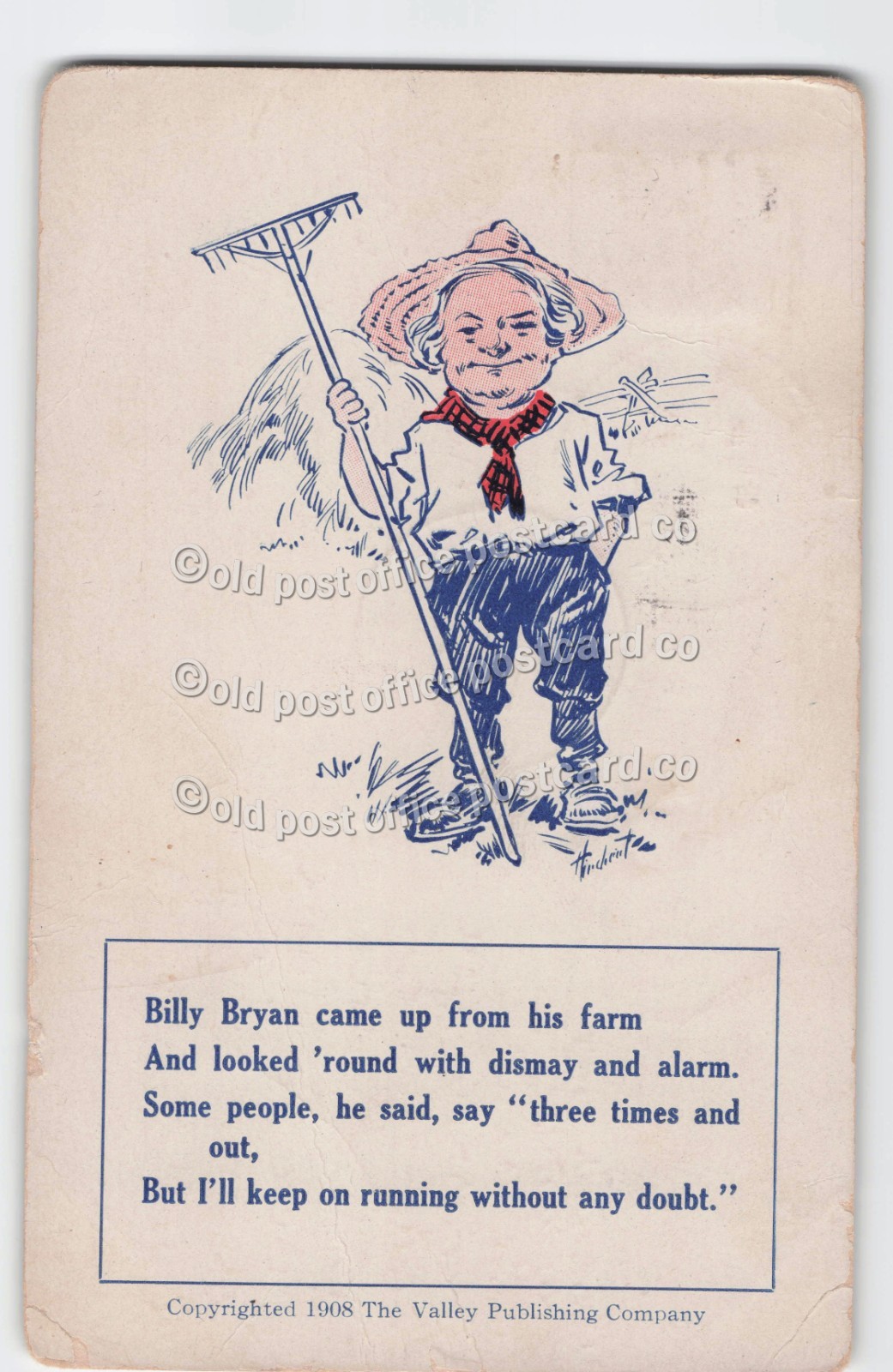 WJ Bryan as Farmer-Three Times & Out-Satire-1908-Presidential Campaign Postcard