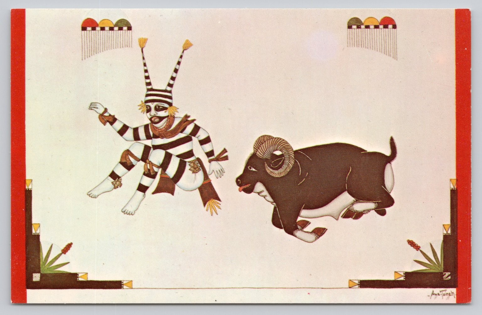 Awa-Tsireh Koshare Clown Ram Postcard 1969 Santa Fe New Mexico Pueblo Art