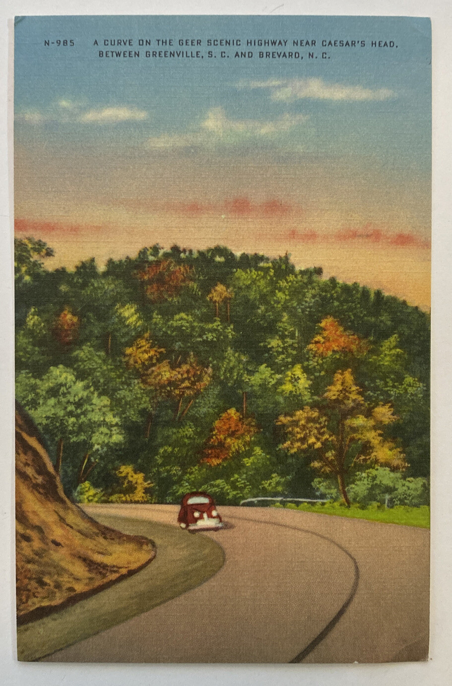 Vintage Postcard, Old Car on Scenic Highway near Caesar’s Head. Carolinas