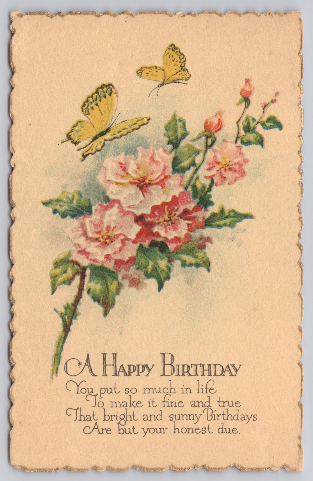 Vintage Happy Birthday Postcard with Butterflies and Flowers, Early 1900s