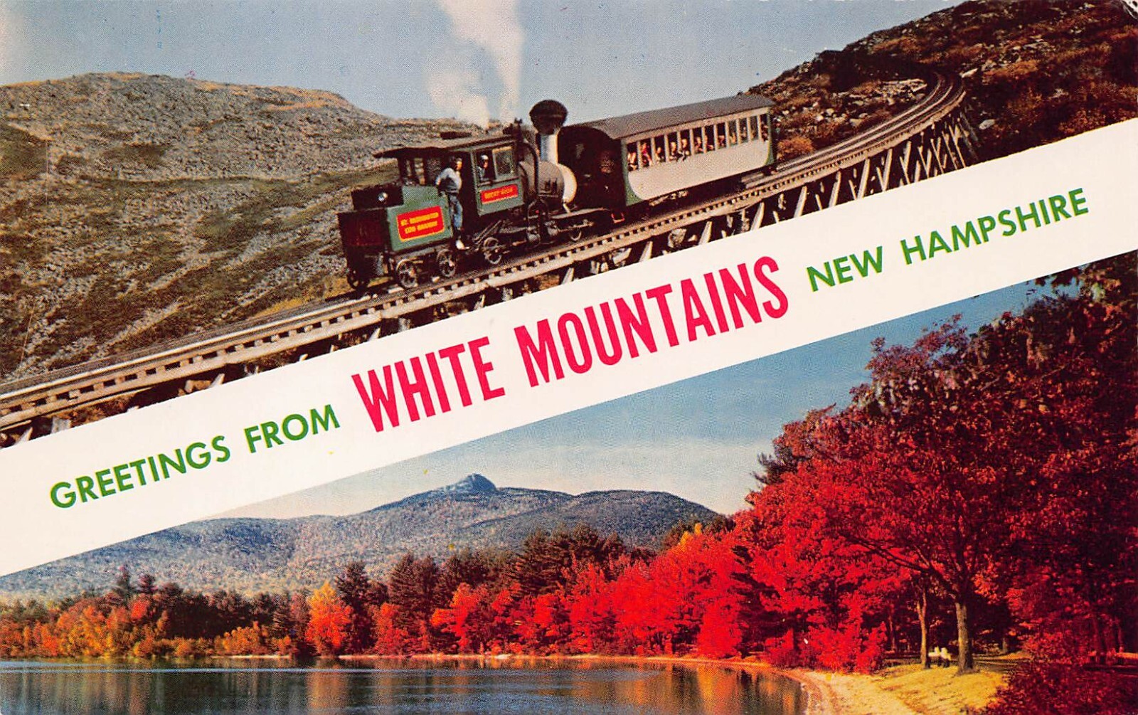 Mount Washington Cog Railway Railroad Train Mt Chocorua Banner Vtg Postcard D42