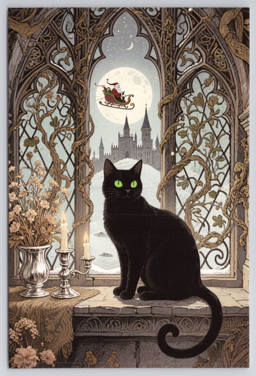 Black Cat Christmas Santa Sleigh & Gothic Window New 2025 Postcard UNP 4×6