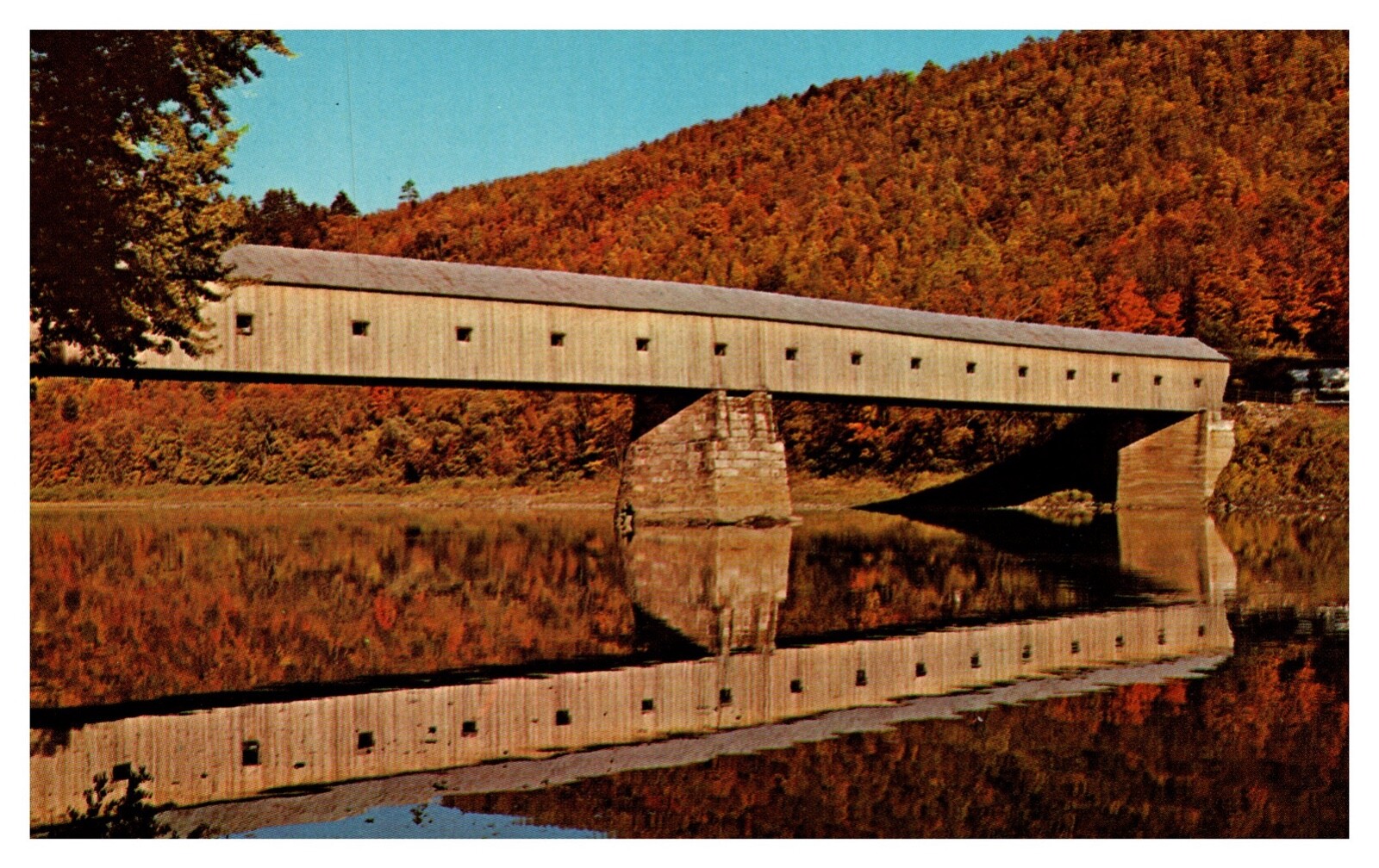 Windsor VT Vermont Covered Bridge Fall Scene Chrome Postcard