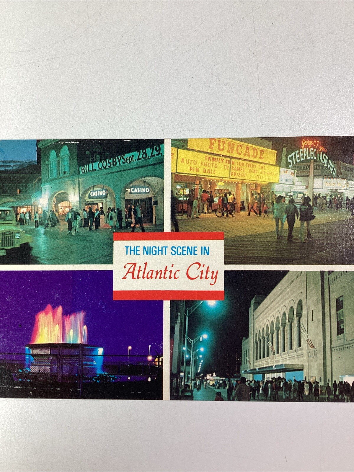 New Jersey Postcard Mid 1900s Atlantic City Night Scene Funcade KFC Steeple