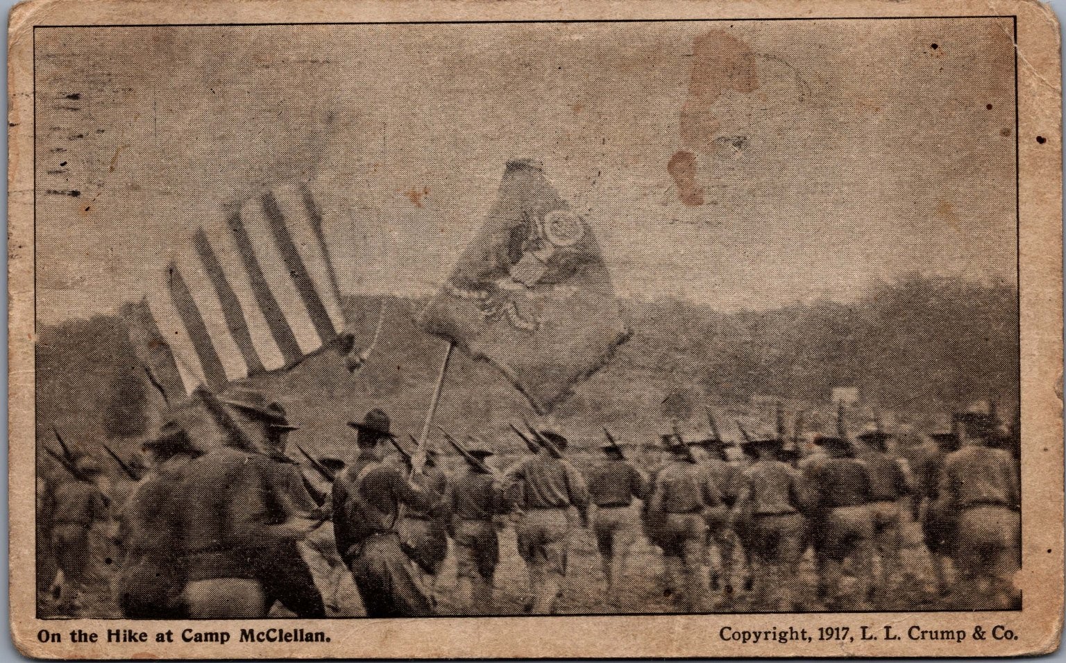 1917 Camp McClellan AL WWI Soldiers Hike US Flag Postcard L.L. Crump