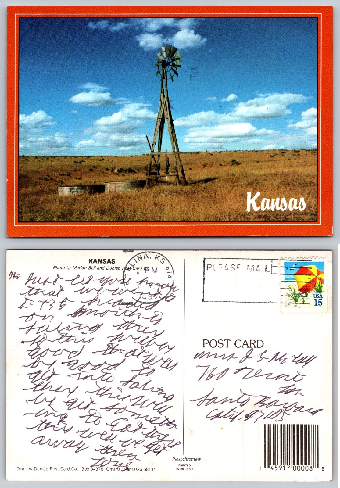 Continental Kansas Windmill Landscape Postcard
