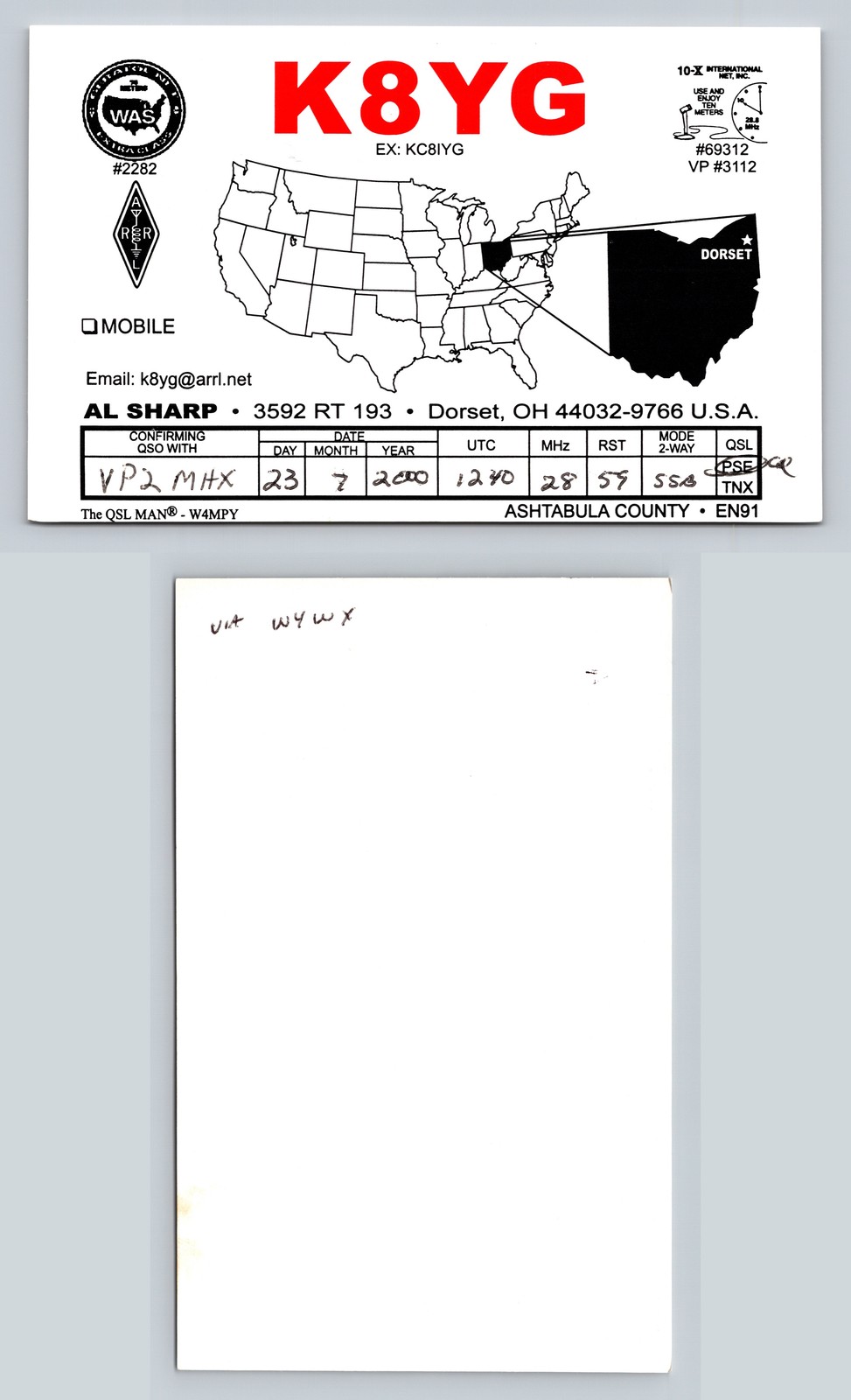 Ham Radio QSL QSO Postcard K8YG, Dorset, OH, USA