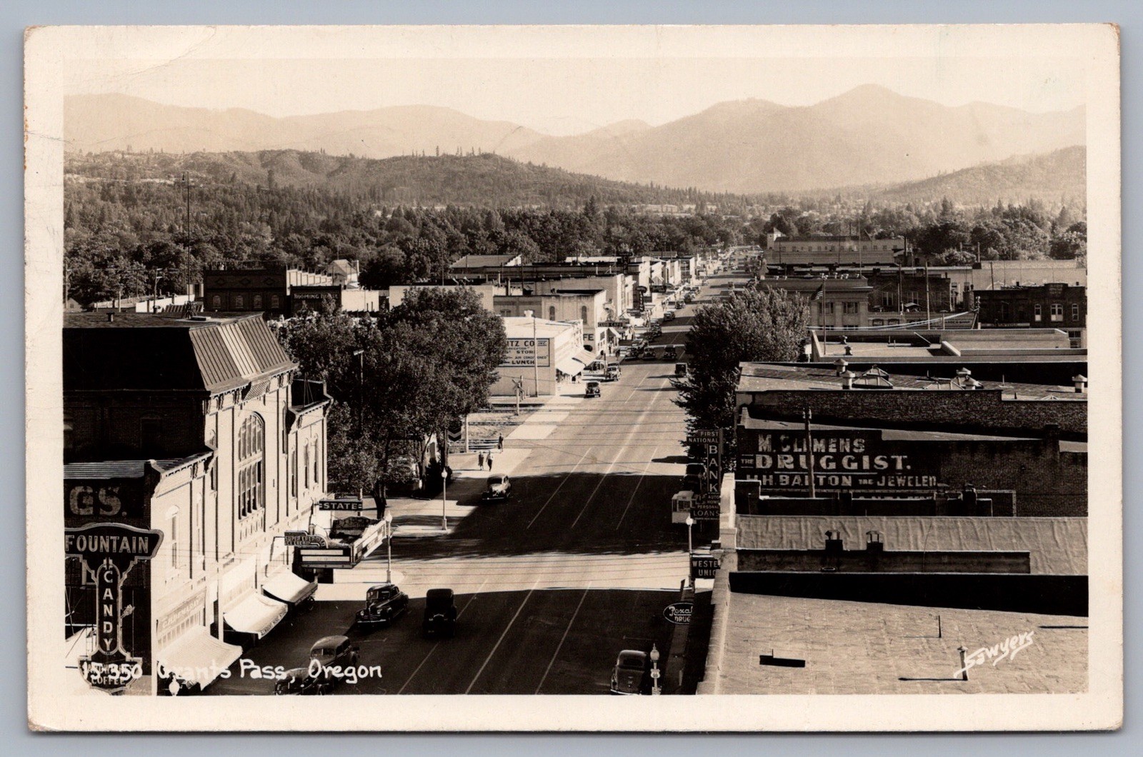 Grants Pass Oregon OR Sawyer RPPC Postcard Aerial Drugs Store Candy R3