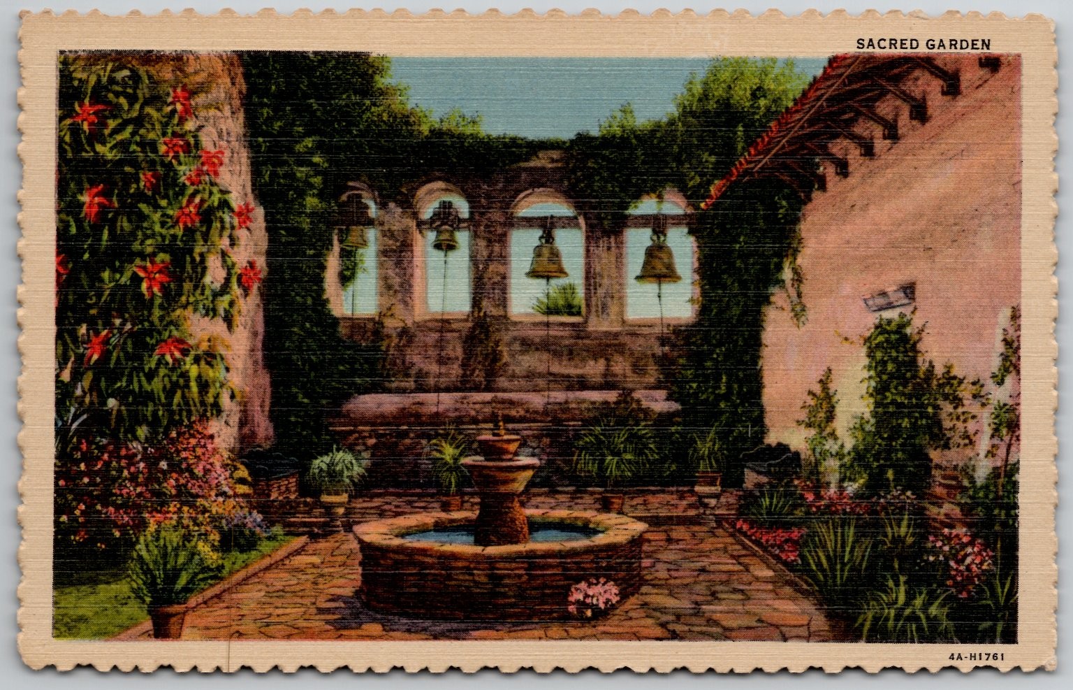 Mission San Juan Capistrano Sacred Garden Bells Fountain Linen Postcard
