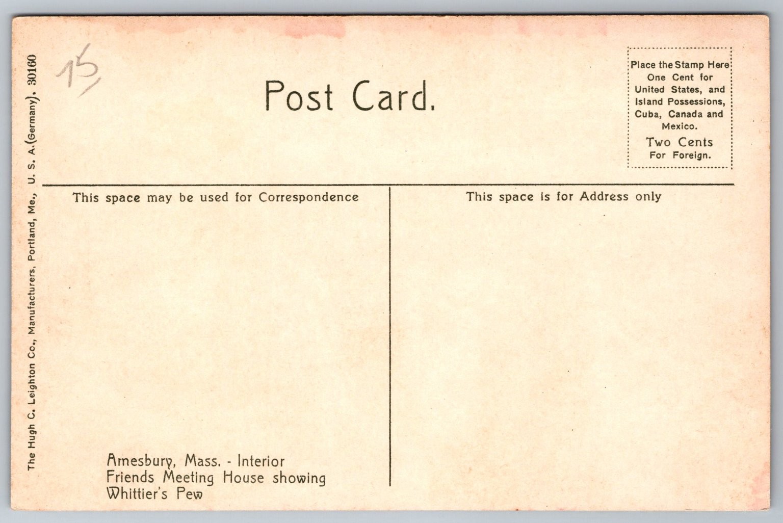 Amesbury MA Friends Meeting House Whittier’s Pew Postcard 1907-1914 AA215