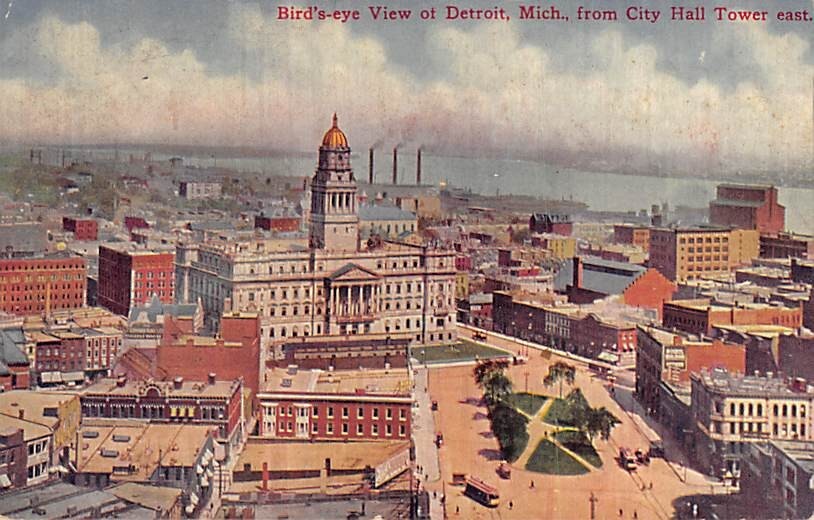 Postcard MI: Bird’s Eye View of Detroit, Michigan from City Hall Tower, 1910’s