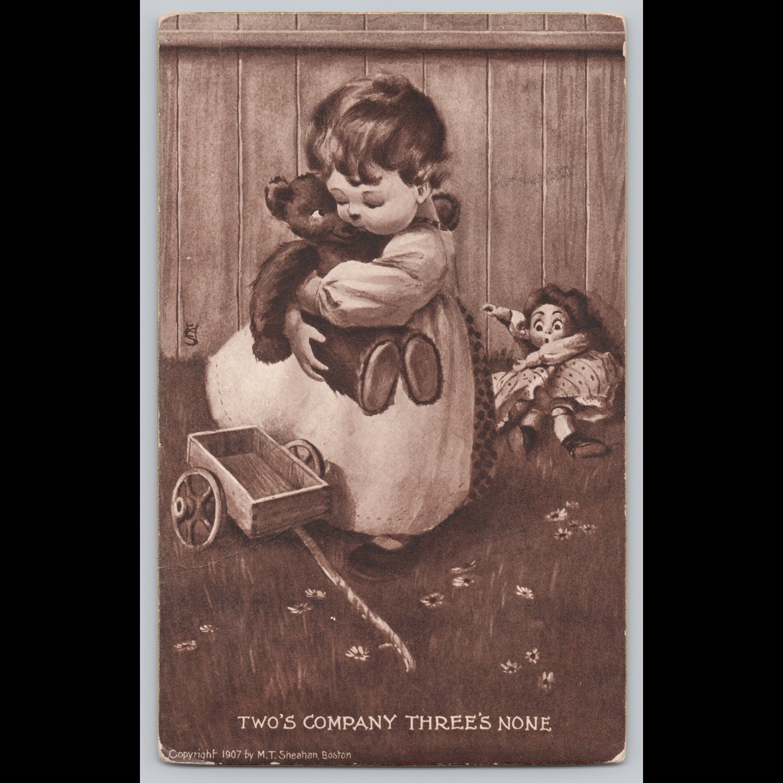 Postcard Two’s Company Three’s None Child with Teddy Bear 1908