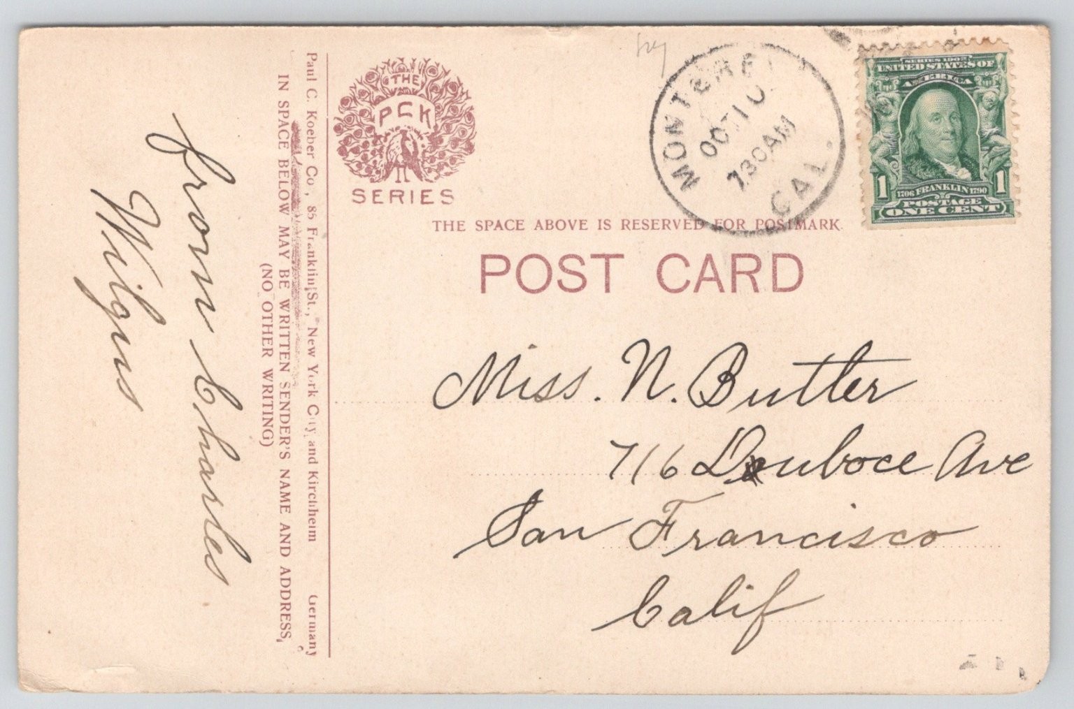 Carmel Mission Monterey CA Postcard Paul C. Koeber Co. 1907 Posted