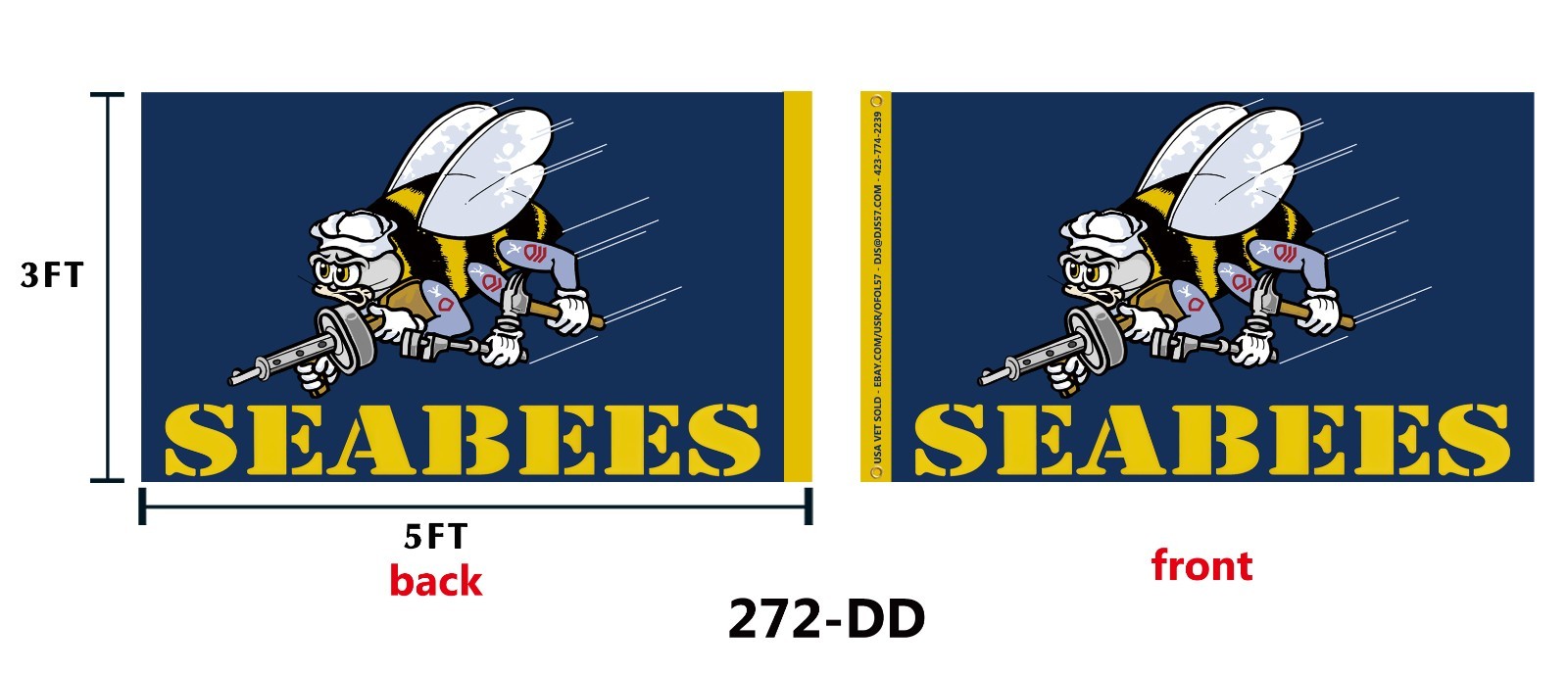 272-DD1 Darker Blue SEABEES 3X5 FLAG – 2 Sided 2 Layer Same Design 2 Sides Thick