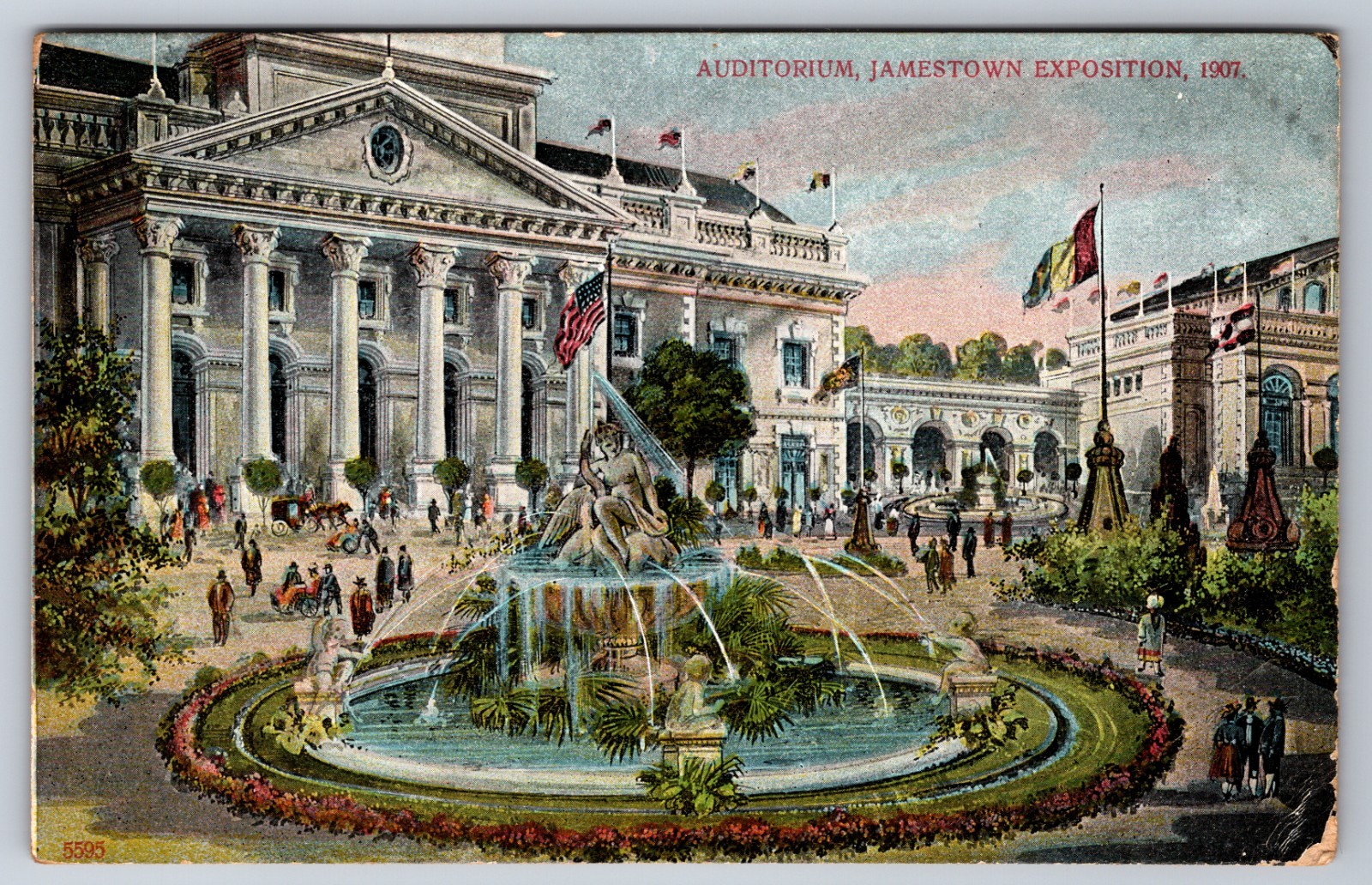 Auditorium Fountain Flag Jamestown Exposition 1907 Norfolk VA Virginia Postcard