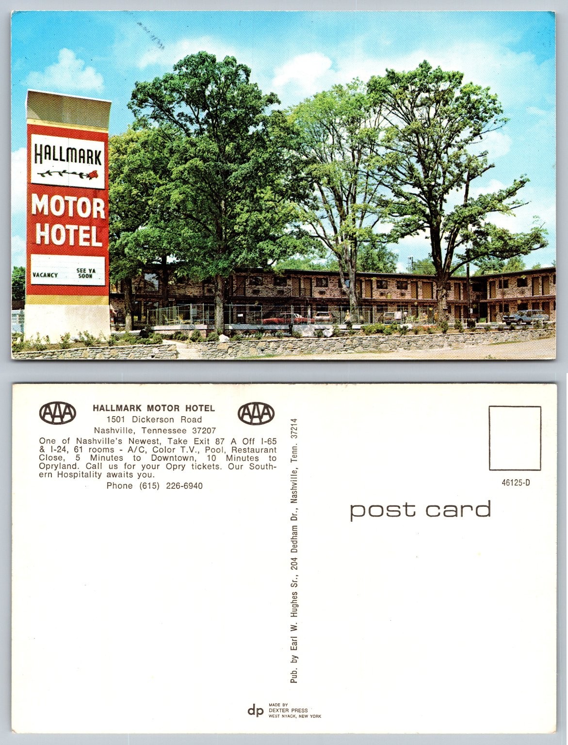 Nashville TN Hallmark Motor Hotel Postcard Dickerson Road Dexter Press Chrome