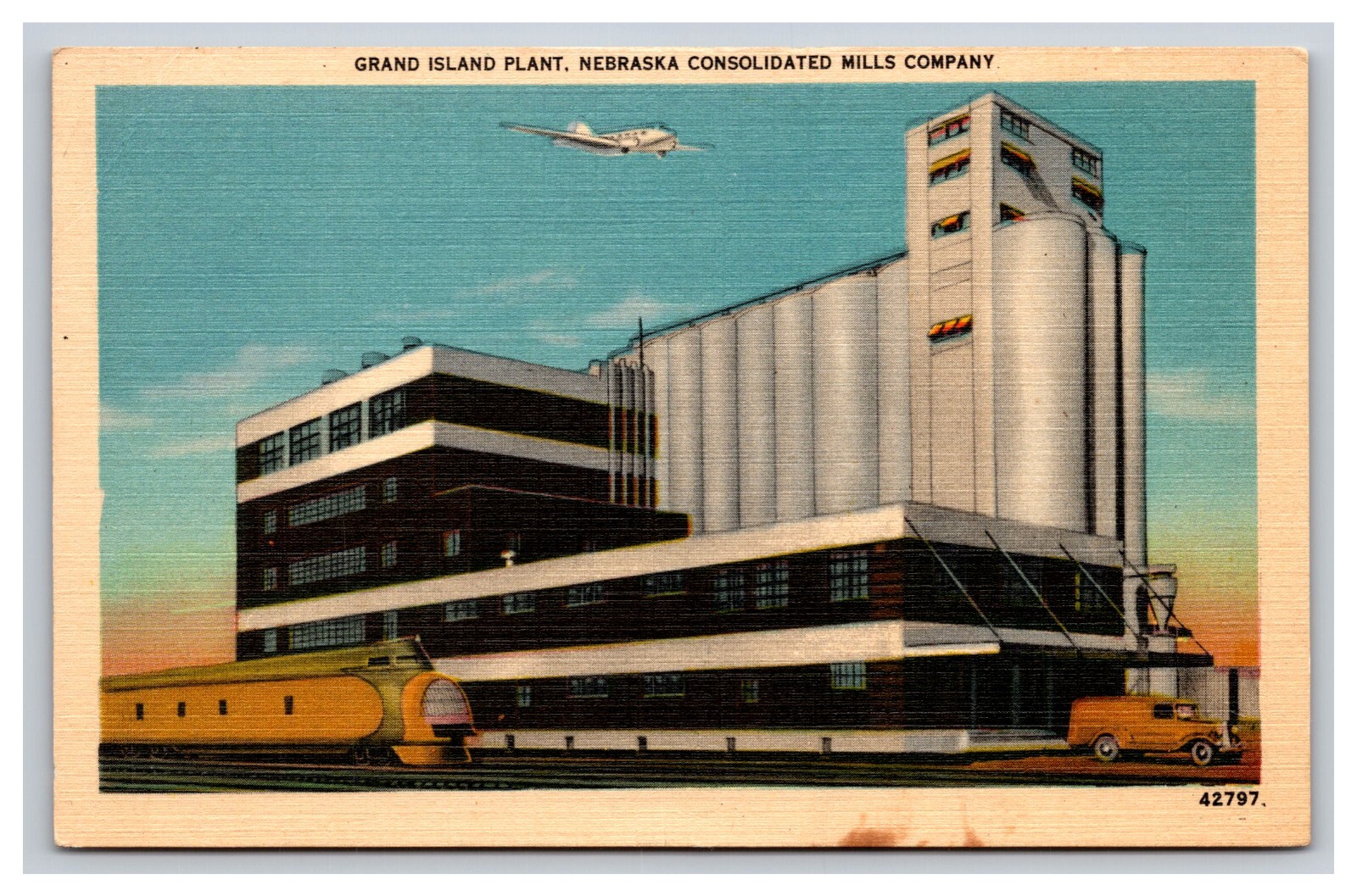 Plane And Train, Grand Island Plant Nebraska Consolidated Mills Co. NE Postcard
