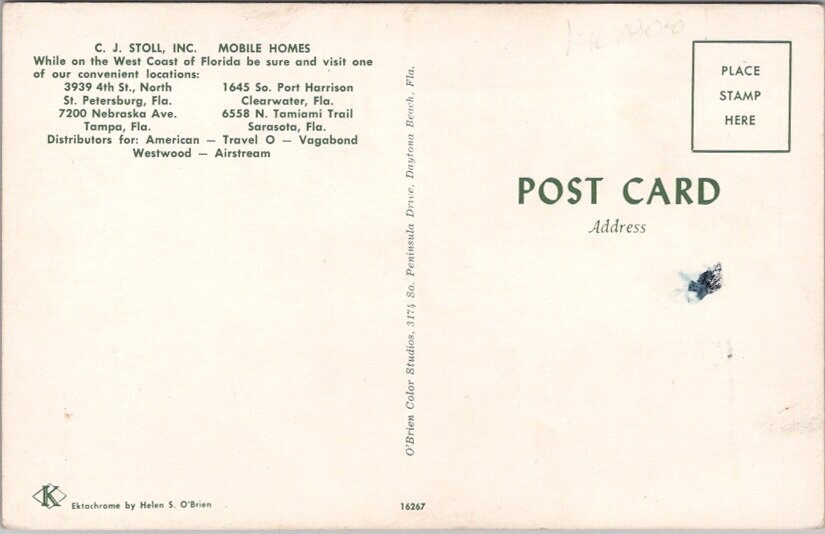 FLORIDA Advertising Postcard “C.J. STOLL INC. – MOBILE HOMES” Clearwater Tampa