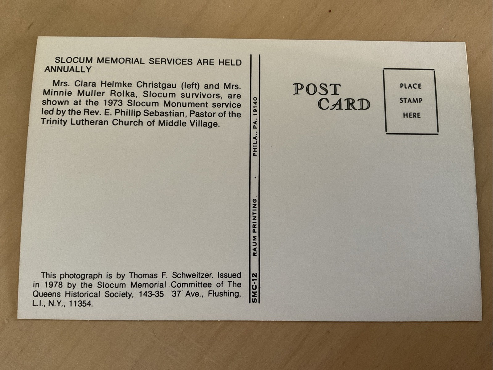 Queens Historical Society Postcard General Slocum Memorial Service 1978 SMC-12