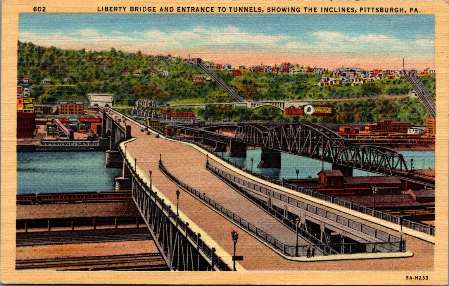 Liberty Bridge Tunnels Incline Pittsburgh PA Linen Postcard Minsky Bros