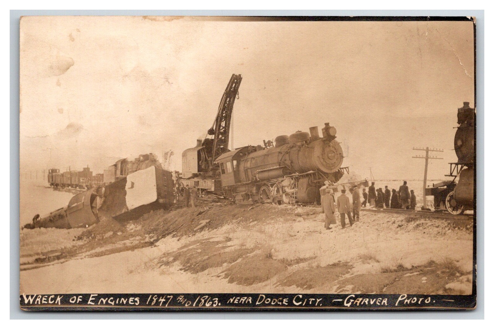 SANTA FE & Rock Island Railroad wreck RPPC ~ Near Dodge City Kansas 1912