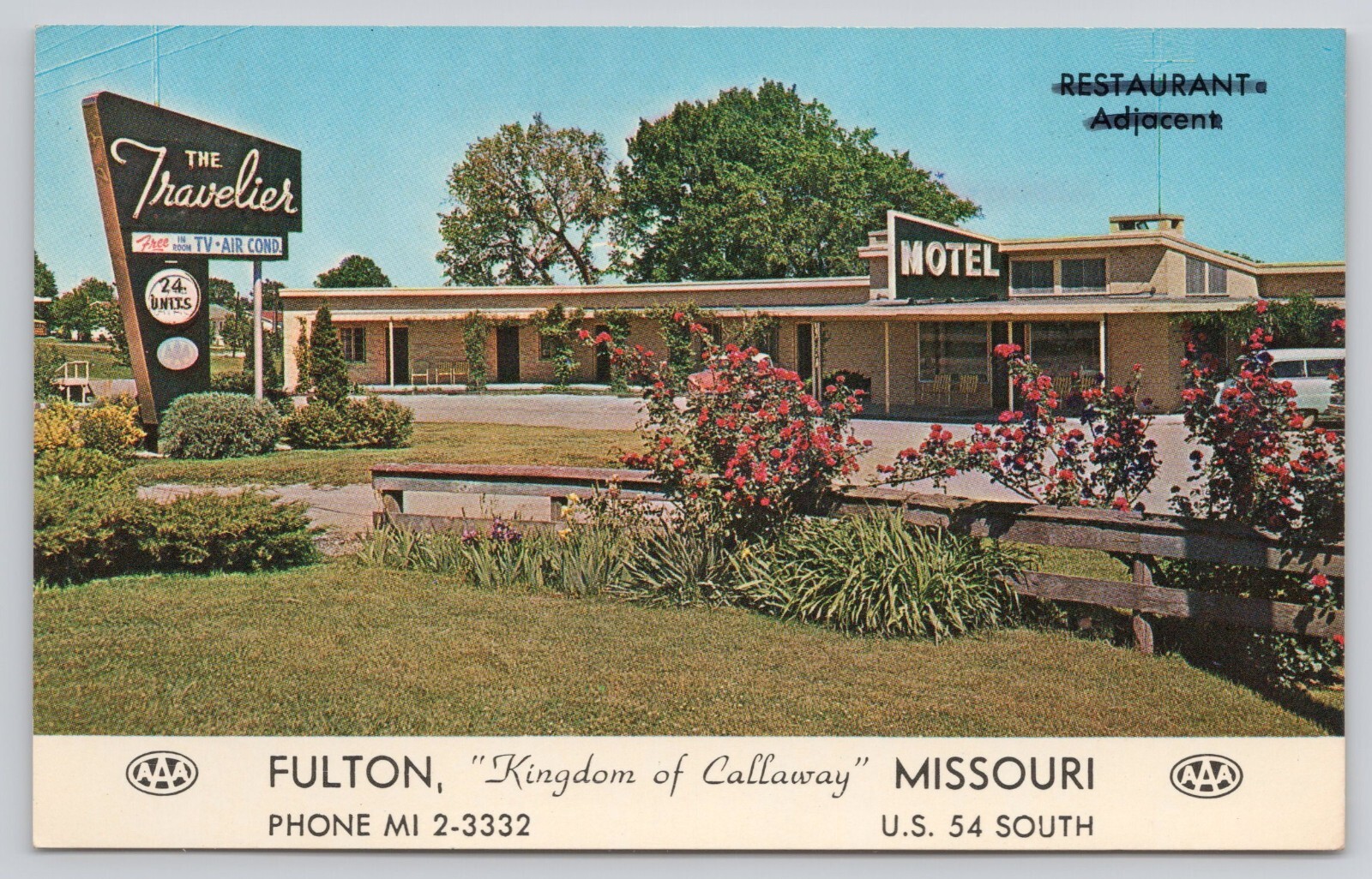 The Travelier Motel Fulton Missouri MO Advertising AAA Postcard