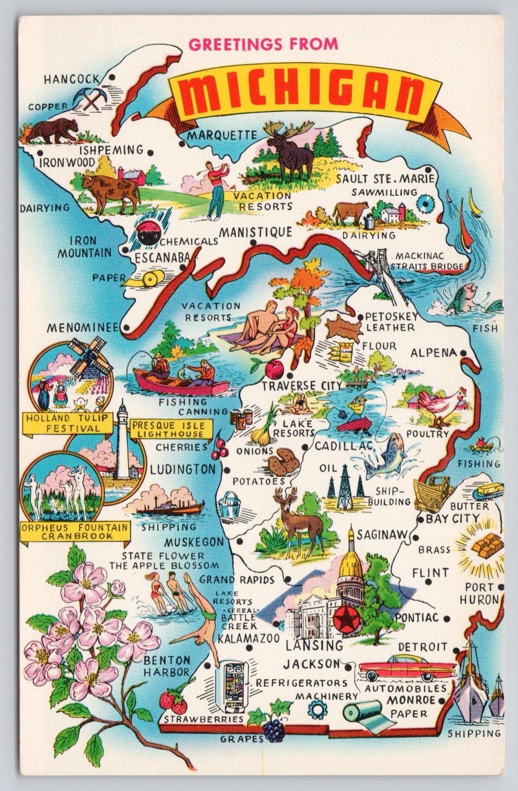 Greetings from Michigan Pictorial State Map Detroit Fish Lighthouse Postcard