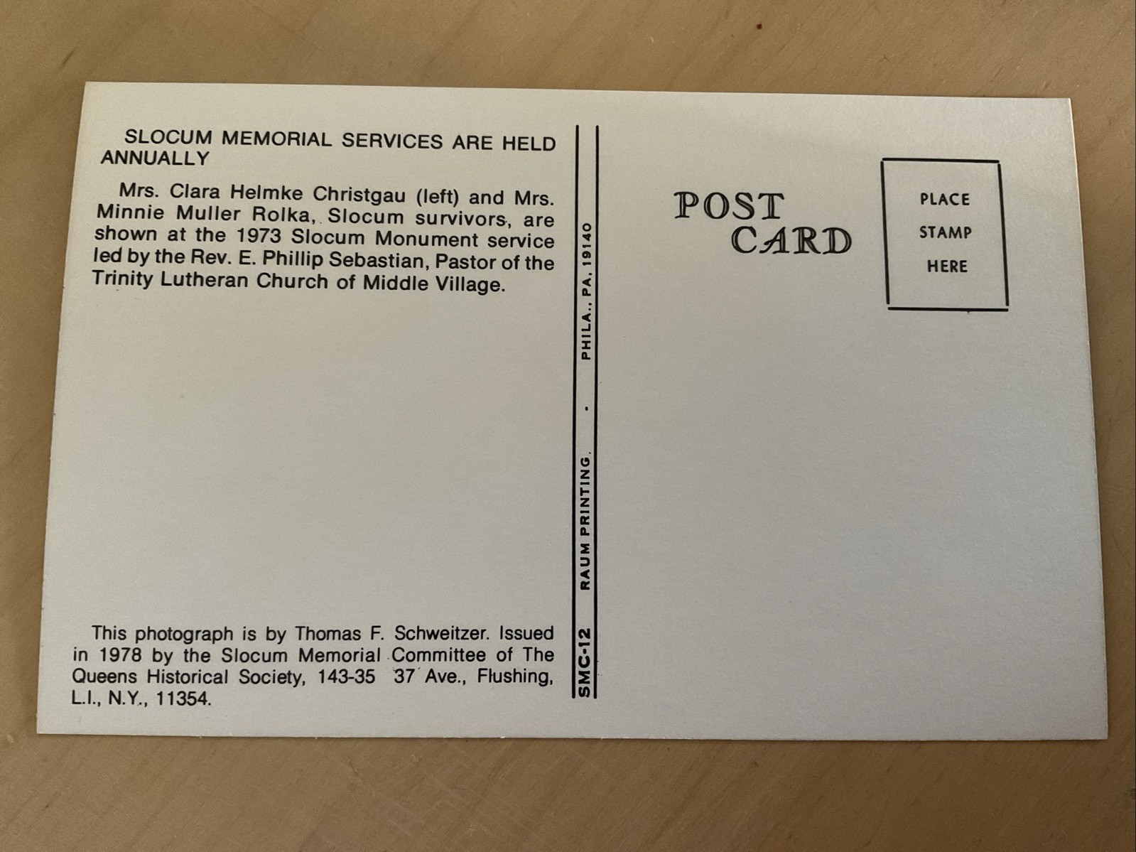 Queens Historical Society Postcard General Slocum Memorial Service 1978 SMC-12