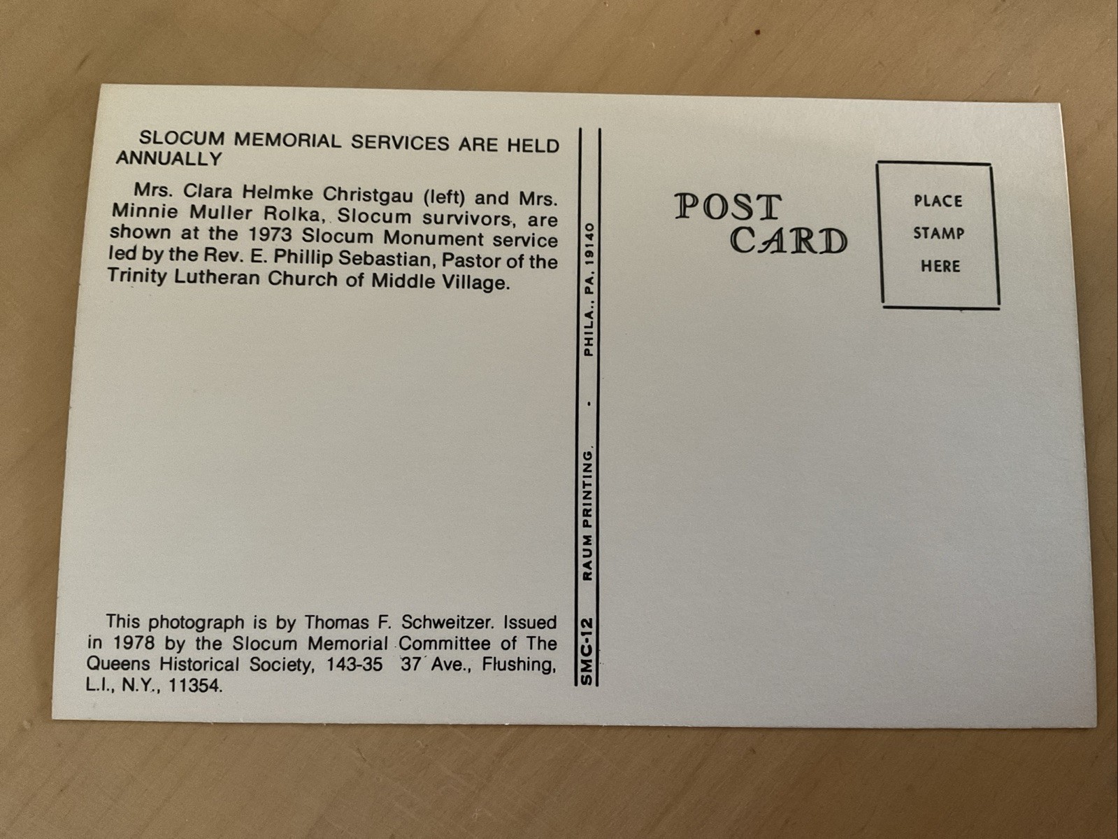 Queens Historical Society Postcard General Slocum Memorial Service 1978 SMC-12