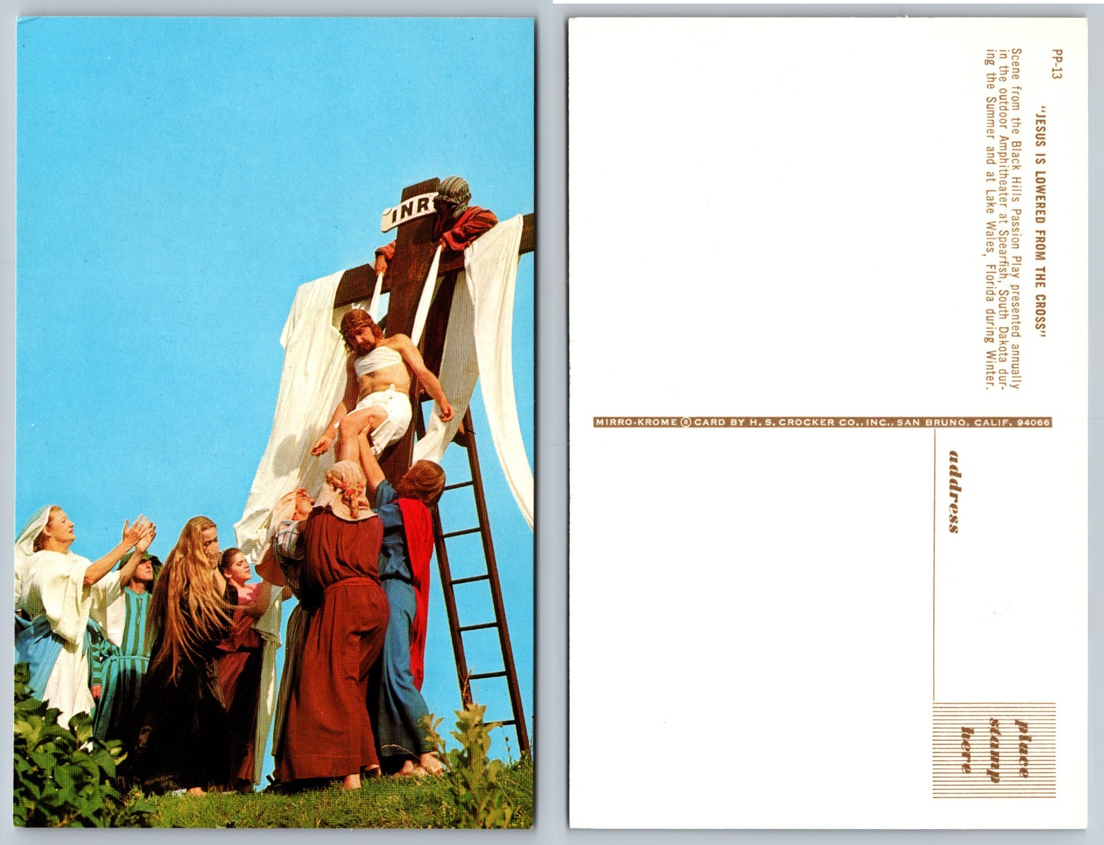 Three Crosses Passion Play Religious Scene Postcard