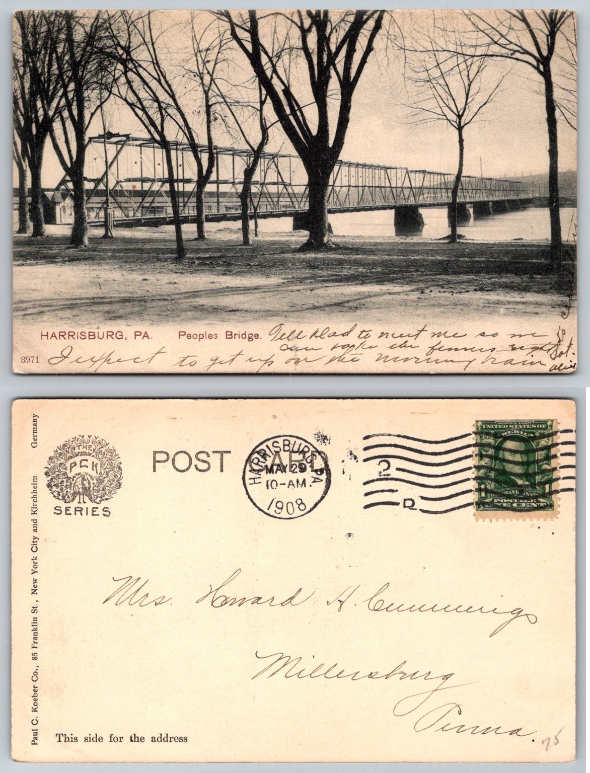 Harrisburg, PA Peoples Bridge Postcard 1908 Paul C. Koeber Co. Posted