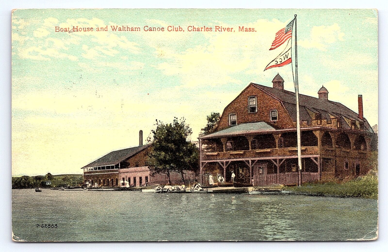 Postcard Boat House Waltham Canoe Club Charles River Massachusetts