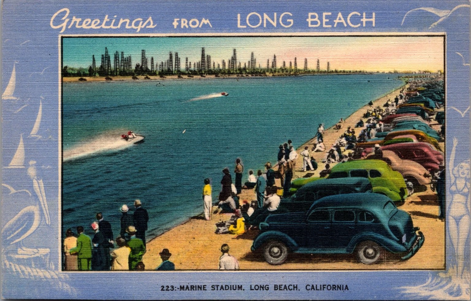 Vintage Marine Stadium Long Beach California Linen Postcard Speed Boat Racing