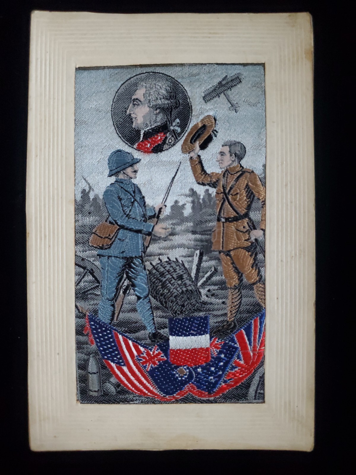 WWI Woven Silk Lafayette We Are Here Allies Paris France Postcard c1915