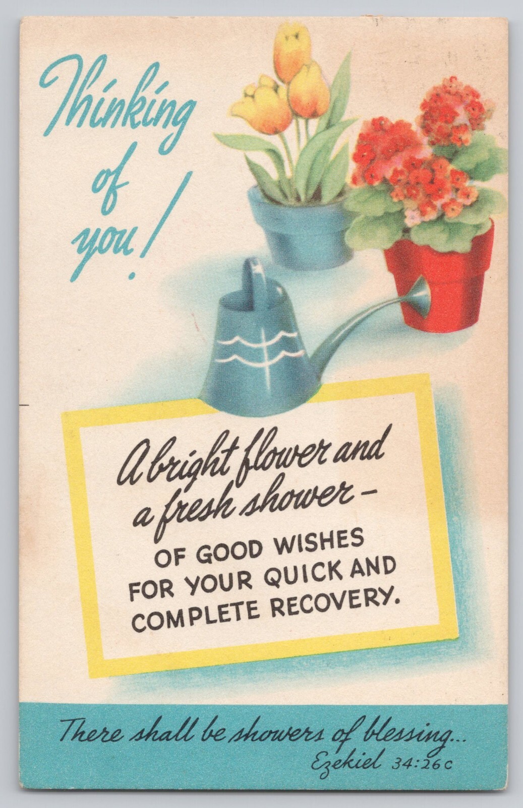 1958 Postcard Bible Verse Ezekiel 34:26 Thinking Of You Flower Pots & Water Can
