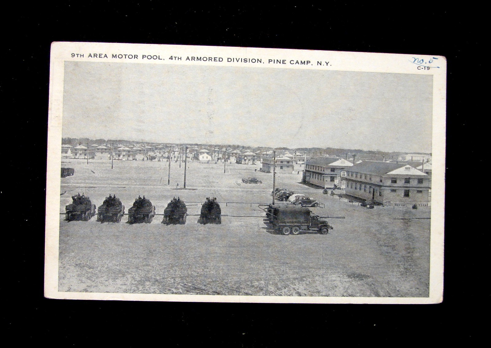 VTG 1941 POSTCARD MILITARY 9th AREA MOTOR POOL 4th ARMORED DIVISION PINE CAMP NY