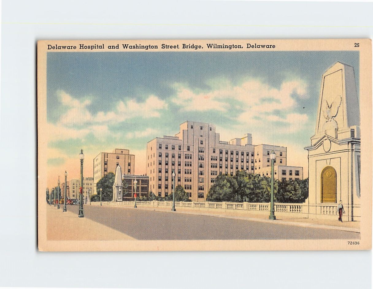 Postcard Delaware Hospital & Washington Street Bridge Wilmington Delaware USA